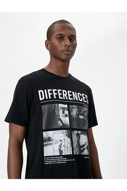 تیشرت یقه کوتاه نخی با چاپ شعار 4SAM10291HK