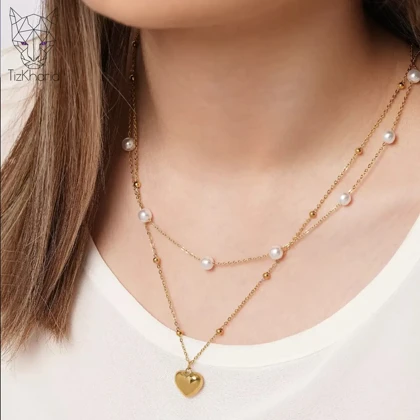 گردنبند دو لاین قلب و مروارید