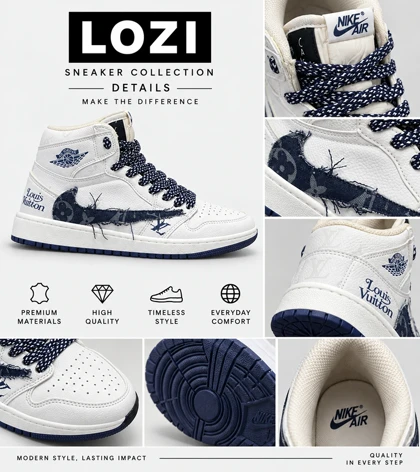 کفش کتانی ساق‌دار مردانه و زنانه سفید سرمه ای NIKE LOUIS VUITTON x travis scott مدل 7961