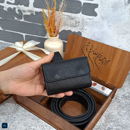 ست هدیه چرم طبیعی مردانه کمربند و جاکارتی مدل 3 تیکه فلوتر مشکی