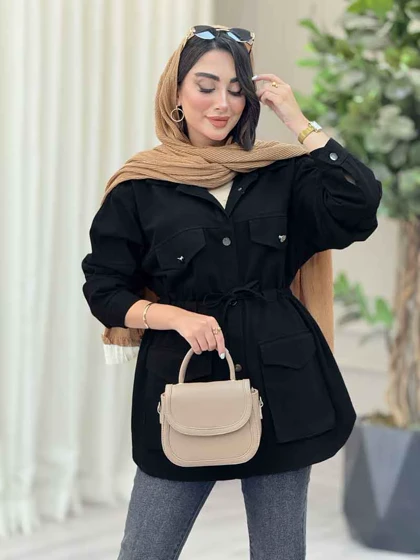 مانتو کتان کمرگت جیب پاکتی