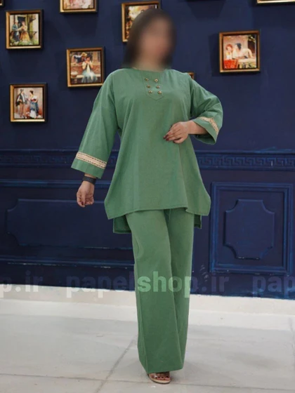 ست تونیک و شلوار لینن با نوار تزیینی سرآستین
