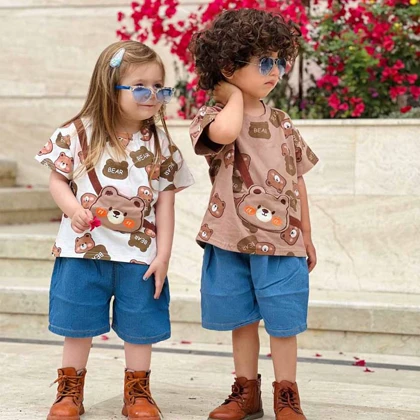 ست بلوز و شلوارک جین کودک طرح خرس کیف 1 تا 5 سال
