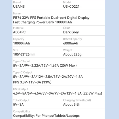 پاور بانک 10000 یوسامز US-CD221 PB74 توان 33 وات