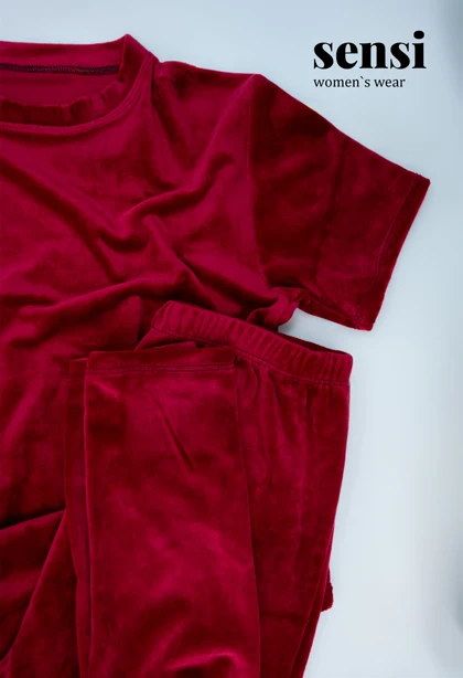 ست بلوز شلوار ساده مخمل آستین کوتاه