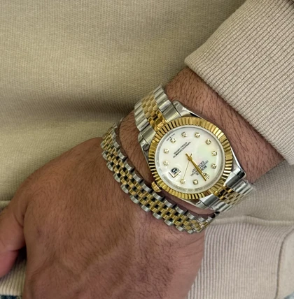 ساعت رولکس دیت جاست مردانه دورنگ طلایی صفحه سفید ایندکس نگین Rolex Datejust