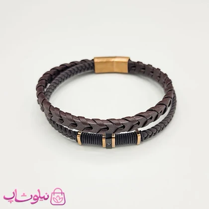 دستبند مردانه چرم استیل مدل مون بلان رنگ قهوه ای رزگلد کیفیت مستر کد 1150