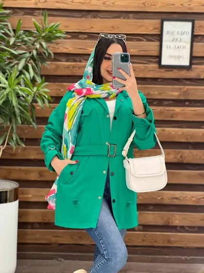 مانتو کتان آستین سگک کمردار