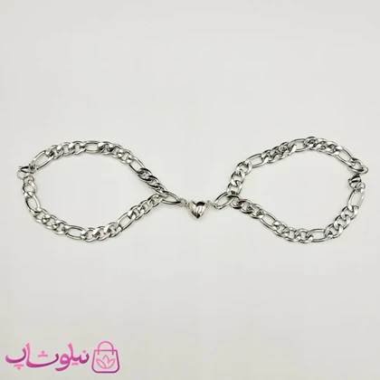 دستبند ست عاشقانه (کاپلی) استیل مدل قلب با زنجیر فیگارو نقره ای رنگ