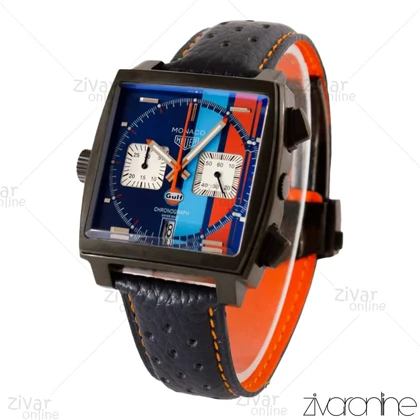 ساعت تگ هویر موناکو مردانه صفحه آبی نارنجی بند چرم سرمه ای 104354
