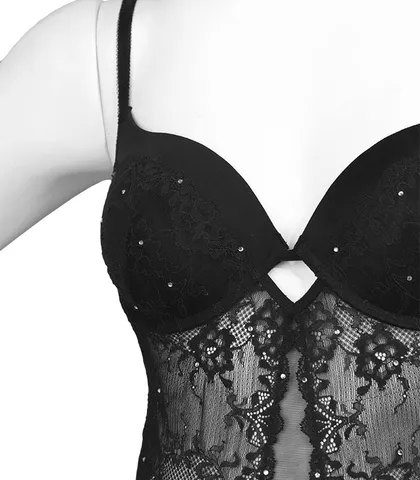 بادی فانتزی کاپ‌دار جک دار فنردار دانتل و توری نگین‌دار Neev نیو کد Kiss مشکی Black