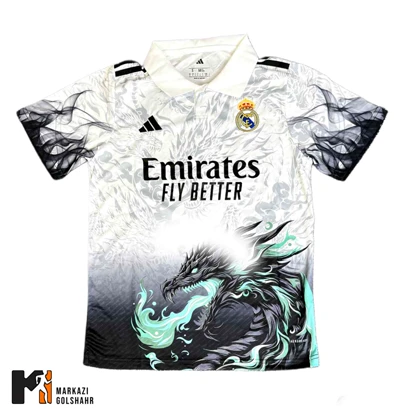 کیت فوتبالی رئال مادرید یقه دار دراگون سفید فیروزه‌ای