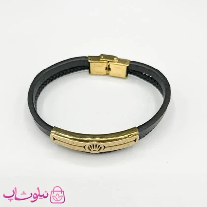 دستبند مردانه طرح رولکس چرم یک لاین مشکی طلایی