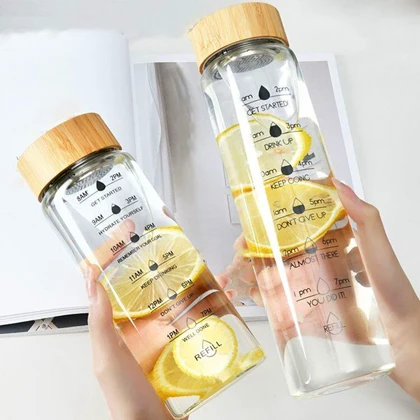 بطری آب شیشه ای درب بامبو در سه سایز