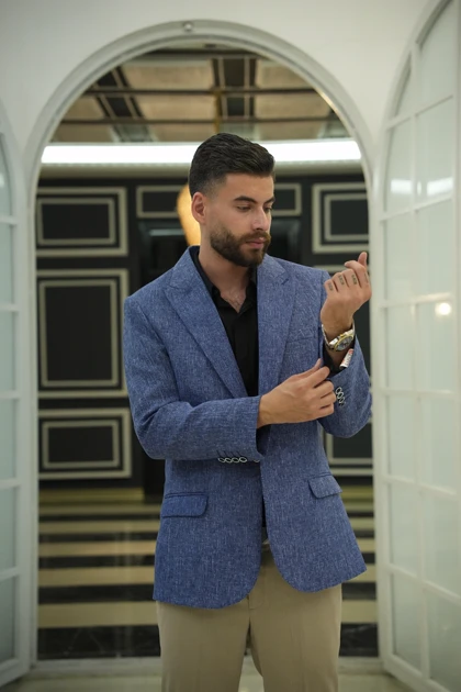 کت تک مردانه مدل کتان آبی جیب پاکتی