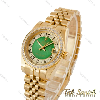 ساعت رولکس زنانه طلایی دورنگین صفحه سبز ایندکس رومی Rolex-5124-M-L
