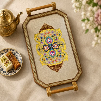 سینی چوبی دور خاتم کار دست کد m0325 گالری ساعت ضرابی