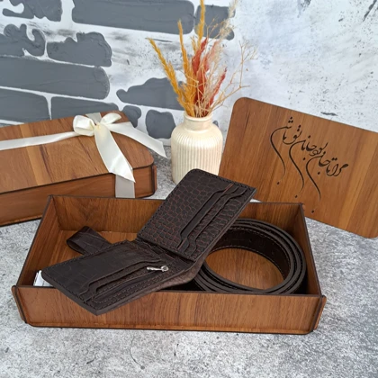 ست هدیه مردانه چرم طبیعی کیف پول و کمربند مدل 3تیکه جیبی روکو قهوه ای