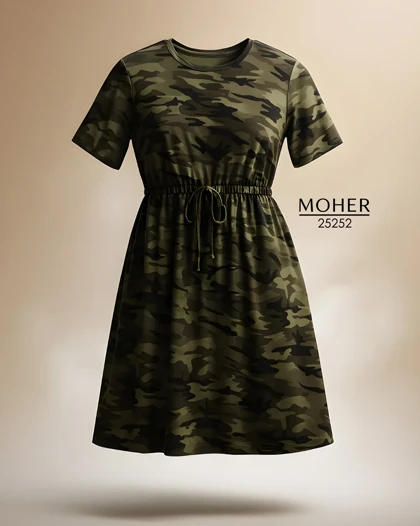 پیراهن کمر کشی سایز بزرگ زنانه طرح ارتشی سبز