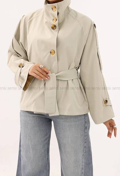 ترنچ کت یقه ایستاده کتان@کد1004635