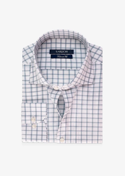 پیراهن کلاسیک نخ پنبه چهارخانه سفید سبز