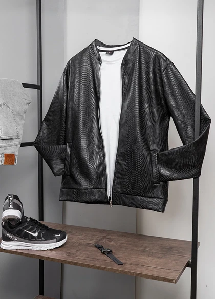 کاپشن چرم طرح پوست مار ساده مردانه مدل Yasan ویژه