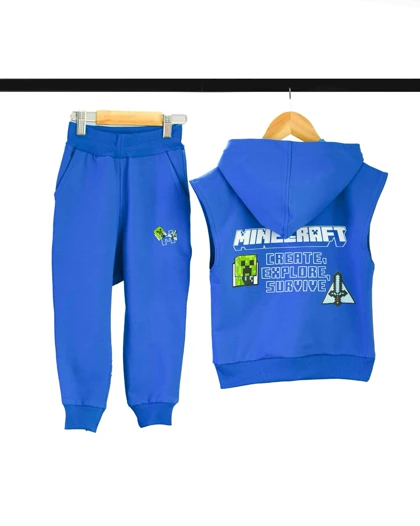 ست جلیقه کلاهدار و شلوار آبی طرح ماینکرافت