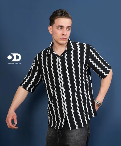 پیراهن مراکشی یقه انگلیسی راه راه مشکی و سفید مردانه استایل اولدمانی 2026