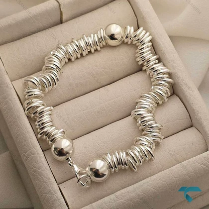 دستبند زنانه تمام نقره ای گوی وحلقه Bracelet-8476-L