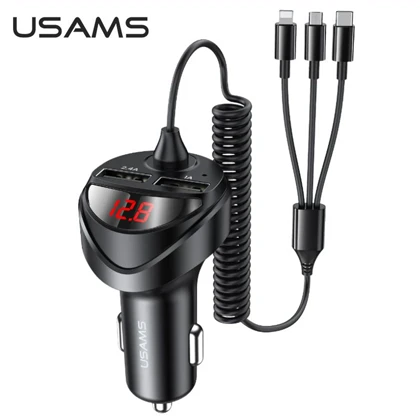 شارژر فندکی یوسامز USAMS مدل US-CC119 با جریان 3.4 آمپر و کابل 3 در 1