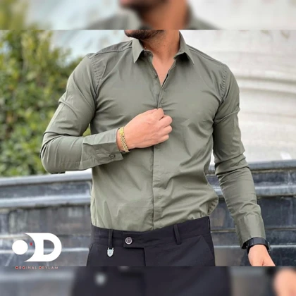 پیراهن آستین بلند ساتن کش سبز زیتونی خاص کد 3368