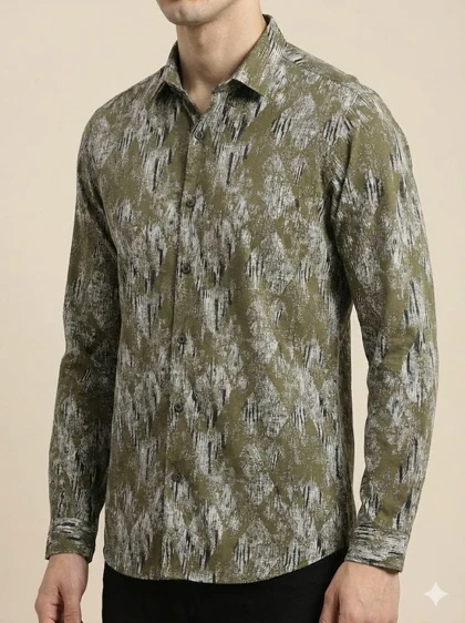 پیراهن مردانه آستین بلند کنفی طرحدار سبز 2002