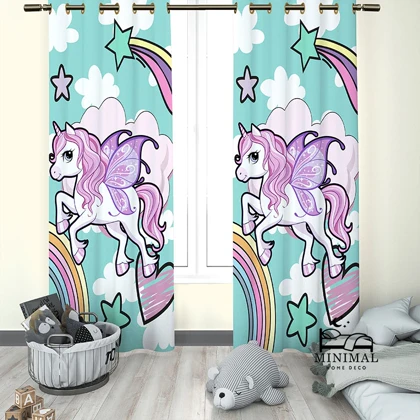 پرده کودک طرح اسب تک شاخ مدل W4628