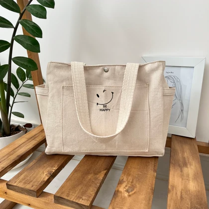 توت بگ کرمی سایز اسمال کیف پارچه ای طرح Be happy
