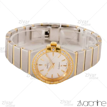 ساعت امگا کانسلیشن زنانه دورنگ طلایی صفحه نقره ای دور نگین 103794