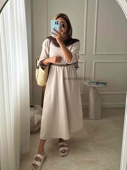 پیراهن لینن بلند زنانه کمربندار
