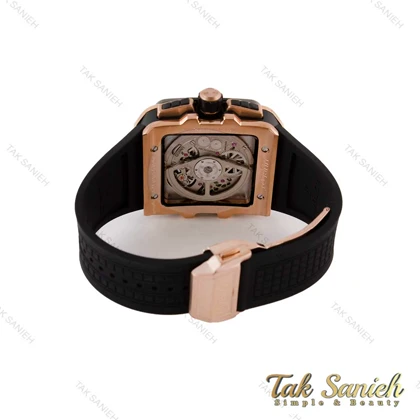 ساعت هابلوت مردانه مربعی سه موتوره رزگلد مشکی پشت شیشه ای Hublot-4998-G