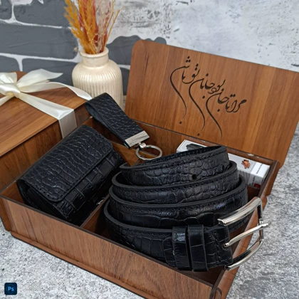 ست هدیه چرم طبیعی مردانه کمربند و جاکارتی مدل 3 تیکه روکو مشکی