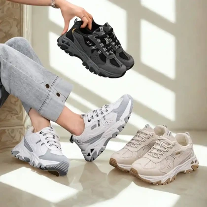 کتانی اسکیچرز لژدار سفید طوسی Skechers Platform White Gray Sneakers