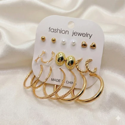 پک 9 جفتی گوشواره طلایی مدل «جامع» | ترکیبی از میخی، حلقه‌ای و فانتزی (اقتصادی)