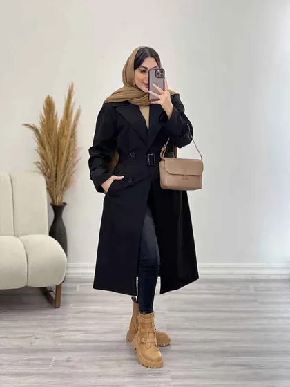بارانی بلند چهاردکمه کمردار