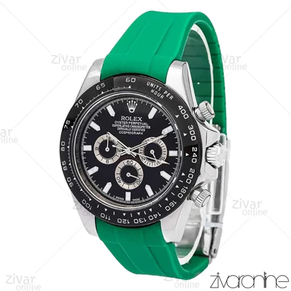 ساعت رولکس دیتونا مردانه سه موتوره صفحه مشکی بند رابر سبز 106603