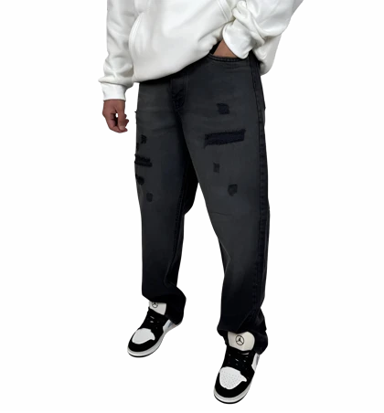 شلوار جین مردانه نیم بگ - رنگ خاکستری امبره زاپ‌دار - با وصله تیره