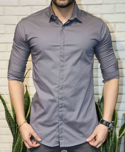 پیراهن طوسی تیره مردانه پارچه ساتن کش با بهترین کیفیت کد 2905