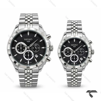 ست ساعت سیکو VIP سه موتوره کرنوگراف نقره ای صفحه مشکی Seiko-11455-S