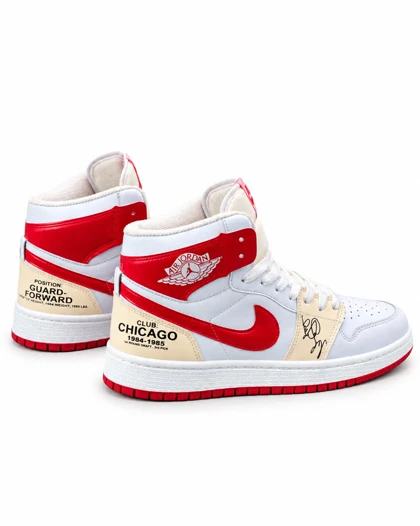 کفش کتانی مردانه مدل جردن وان ساق‌دار سفید کرم قرمز ورنی Nike jordan1