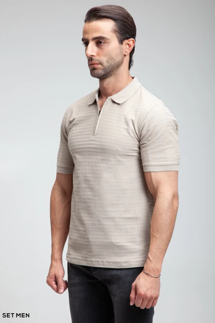 تیشرت یقه دارنیم زیپ بافت