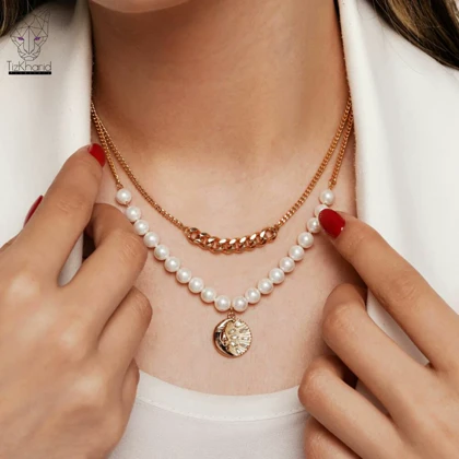گردنبند دو لاین ماه و مروارید ژوپینگ