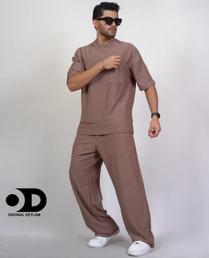 ست رو همی تیشرت شلوار بژ مردانه پارچه مراکشی مدل بگی