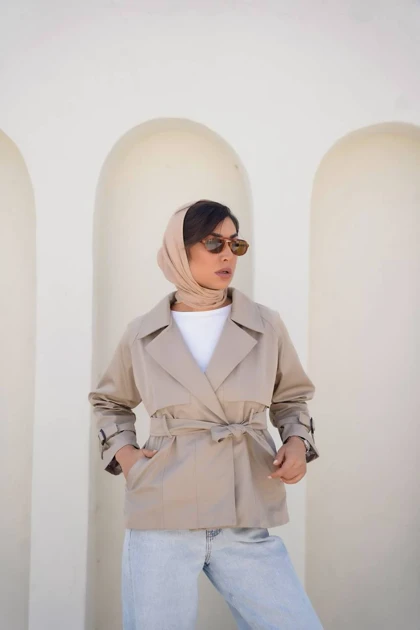 بارانی زنانه کمردار مدل ژیله‌دار قد 65 آستردار